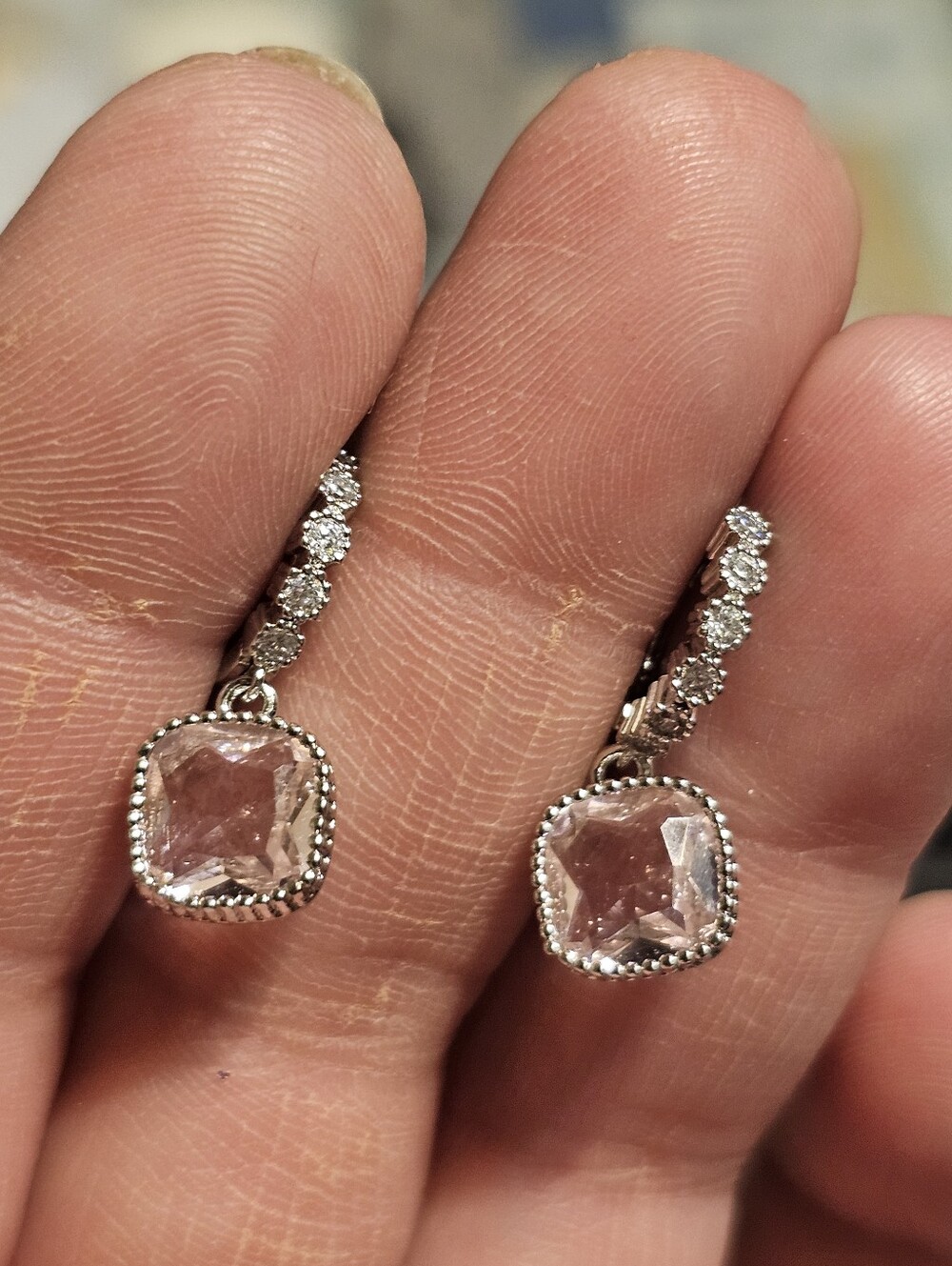 Sterling Silver Plated Pink CZ Dangle Square Earrings